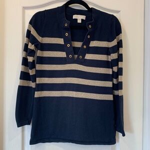 Michael Michael Kors‎ Navy & Gold Striped Knit Top (S) | Grommet V-Neck Detail |